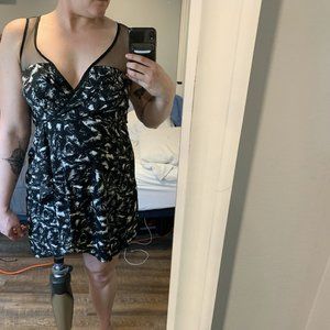 B&W cocktail dress with sheer mesh panel